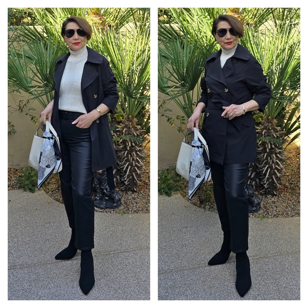 EUC Black Double-Breasted Trench Coat with Wide Collar and Matching Belt, Small